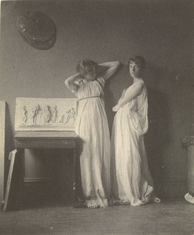 Two Female Models in Classical Costume with Eakins Sculpture Arcadia by Thomas Eakins